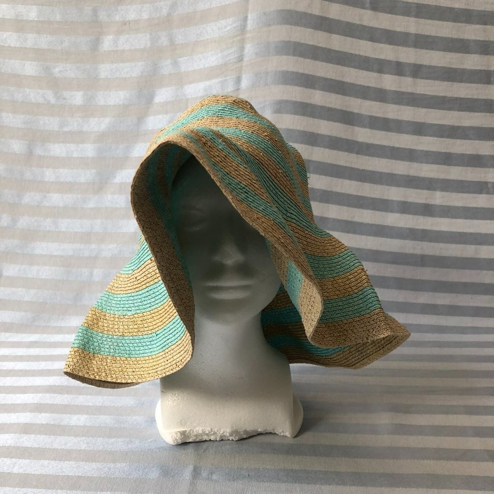 Kathy Jeanne Floppy Aqua & Beige Striped Sun Hat